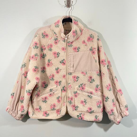 New In Women Cream Floral Print Corduroy Inserts Full Zip Sherpa Jackets Size M - Picture 2 of 9
